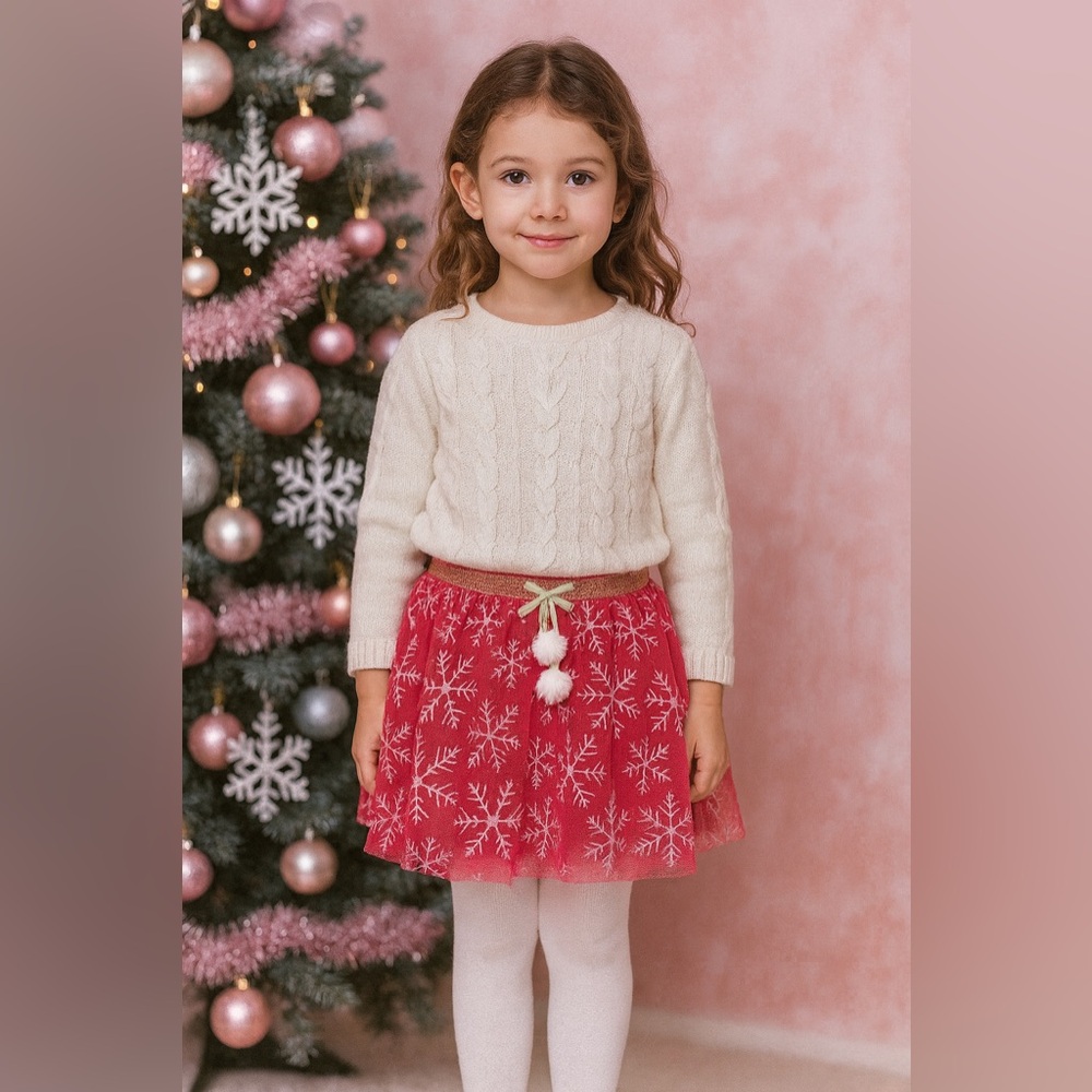Cynthia Rowley Girl’s Pink Snowflake Tutu Skirt Holiday Glitter Pom-Poms Size M